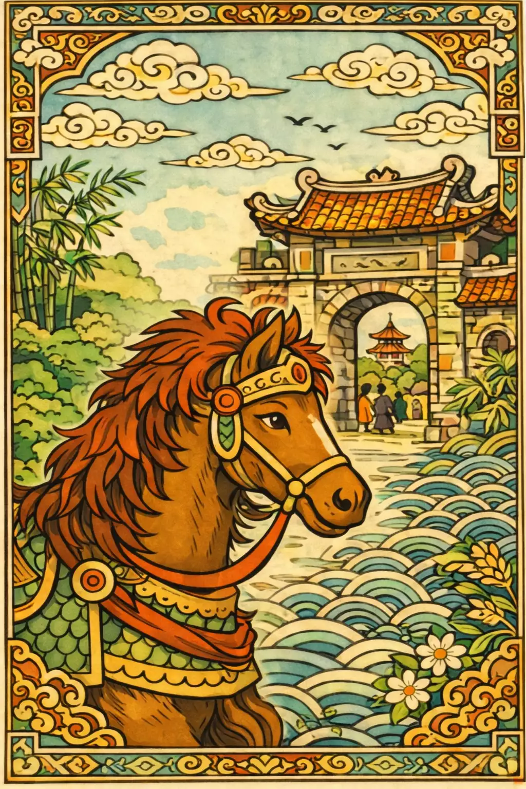 Illustration de l’année du Cheval vietnamienne, cheval orné de motifs traditionnels devant une porte ancienne du Tết