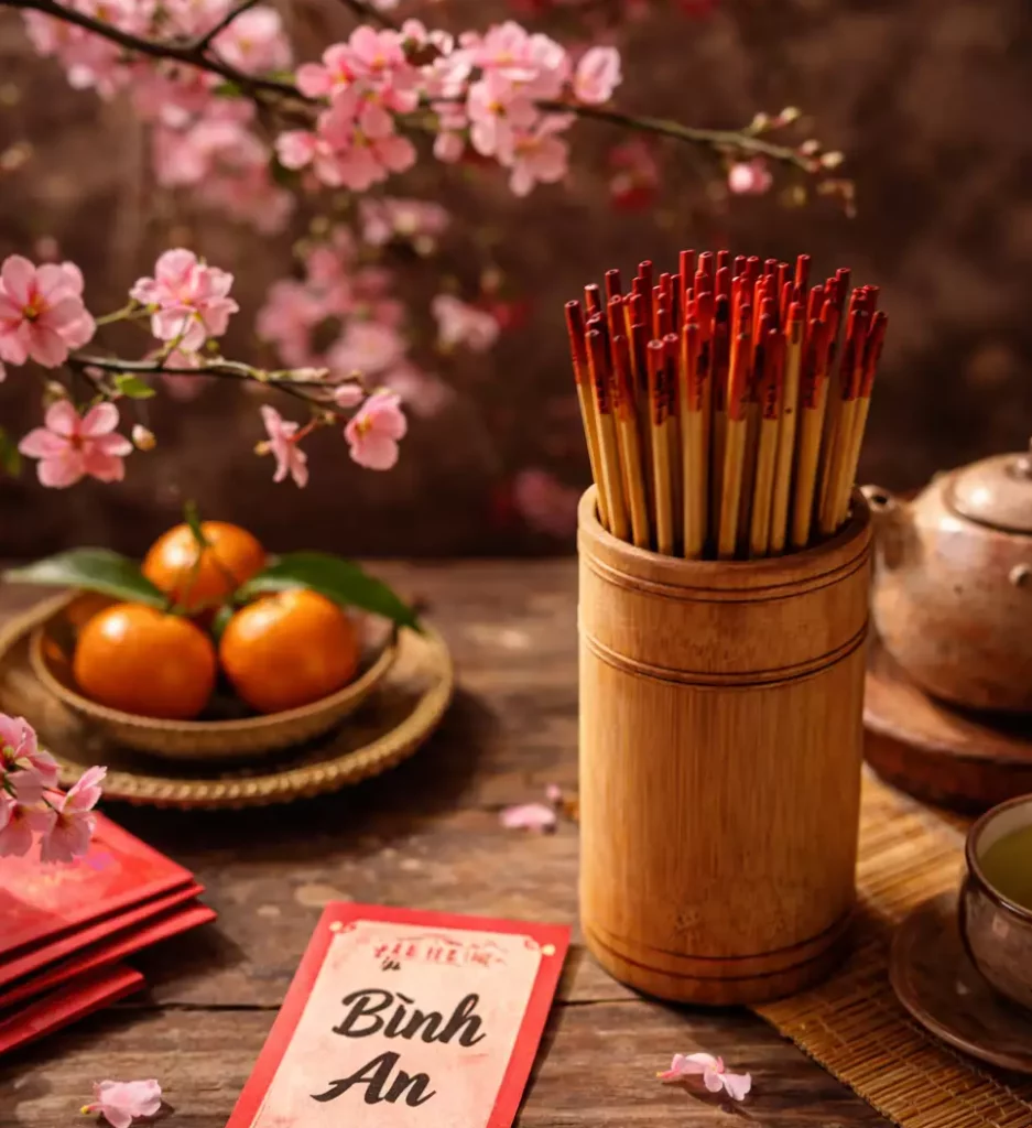 Tirage d’oracle du Nouvel An vietnamien avec bâtonnets divinatoires, billet “Bình An”, fleurs de printemps et thé traditionnel